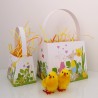 Contenants façon panier en papier en 2 tailles pour les surprises de Pâques avec motifs floraux colorés et des lapins amoureux.