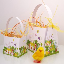 Panier en papier en 2 tailles pour les surprises de Pâques avec motifs floraux colorés et un mignon lapin dans l'herbe.