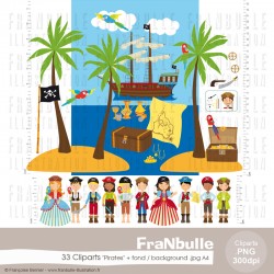 Cliparts illustrant des pirates avec des enfants déguisés et les accessoires.