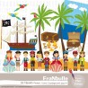 Cliparts PNG de filles et garçons pirates avec bateau, îles, drapeau, perroquets, épées, pistolets, coffre et trésors.