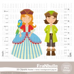 Cliparts de filles pirates représentant une fillette en grande robe colorée et une fillette en costume de marin.