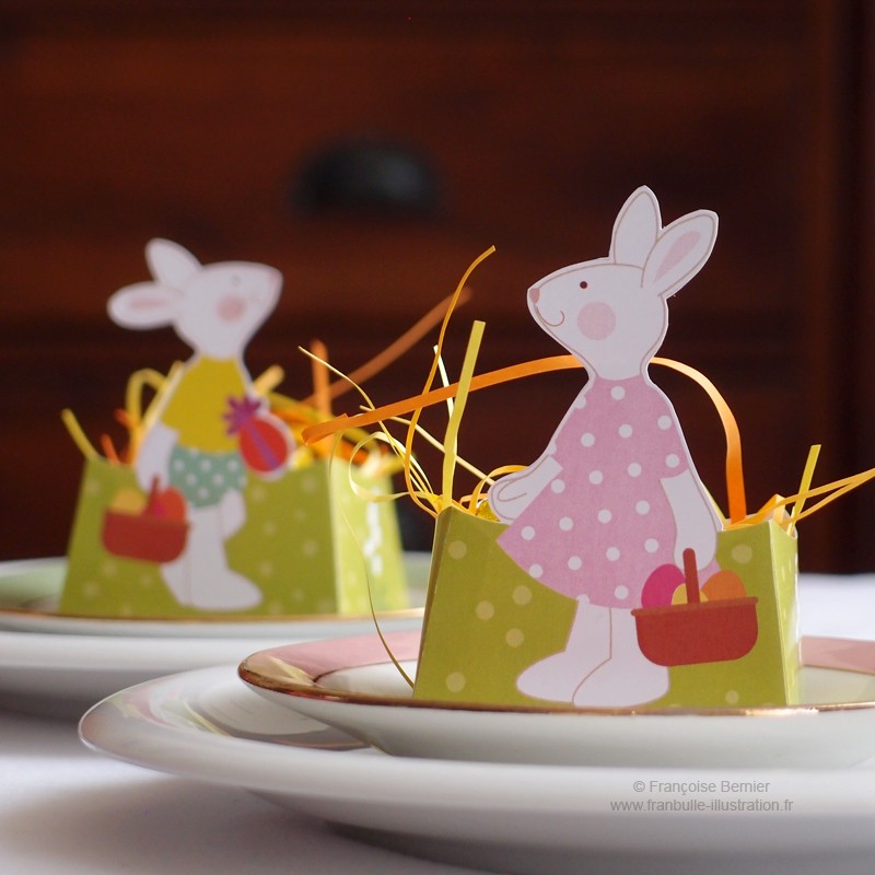 Printable small candy baskets "White rabbits" Easter table decoration